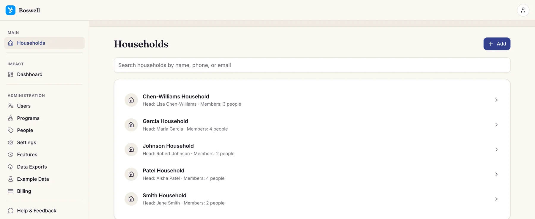 Boswell's Households screen: a searchable list of client households, each showing the head of household and number of members