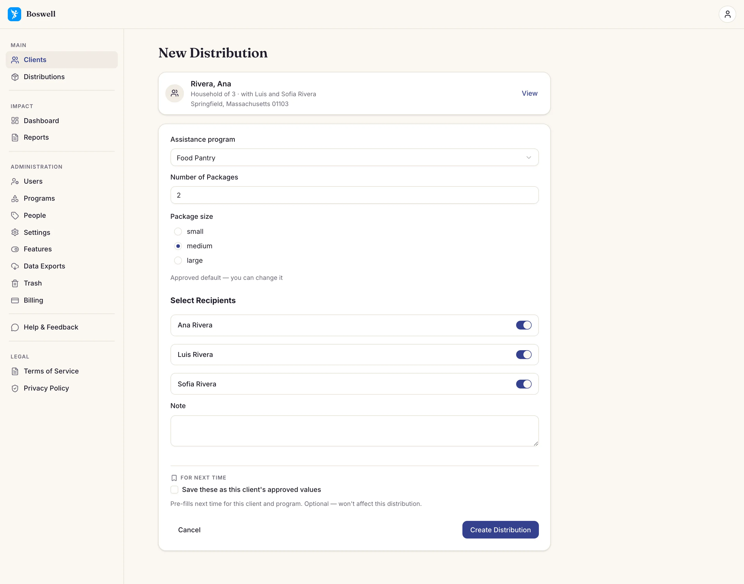 Boswell's New Distribution form: the client's approved Food Pantry values filled in, every household member checked as a recipient, and an option to save the values for next time