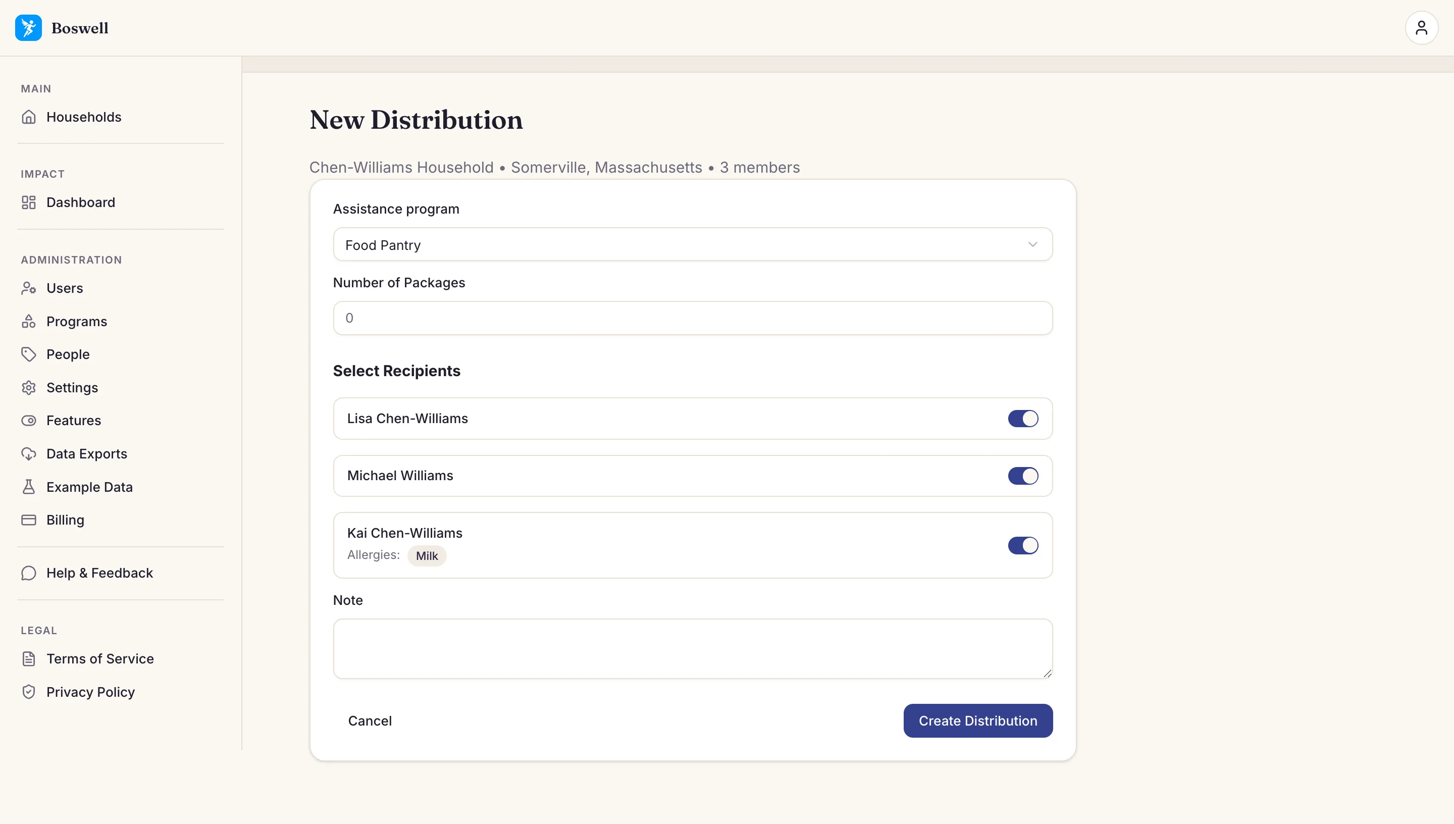 Boswell's New Distribution form: choosing which household members received a service, with a per-recipient toggle and an allergy tag