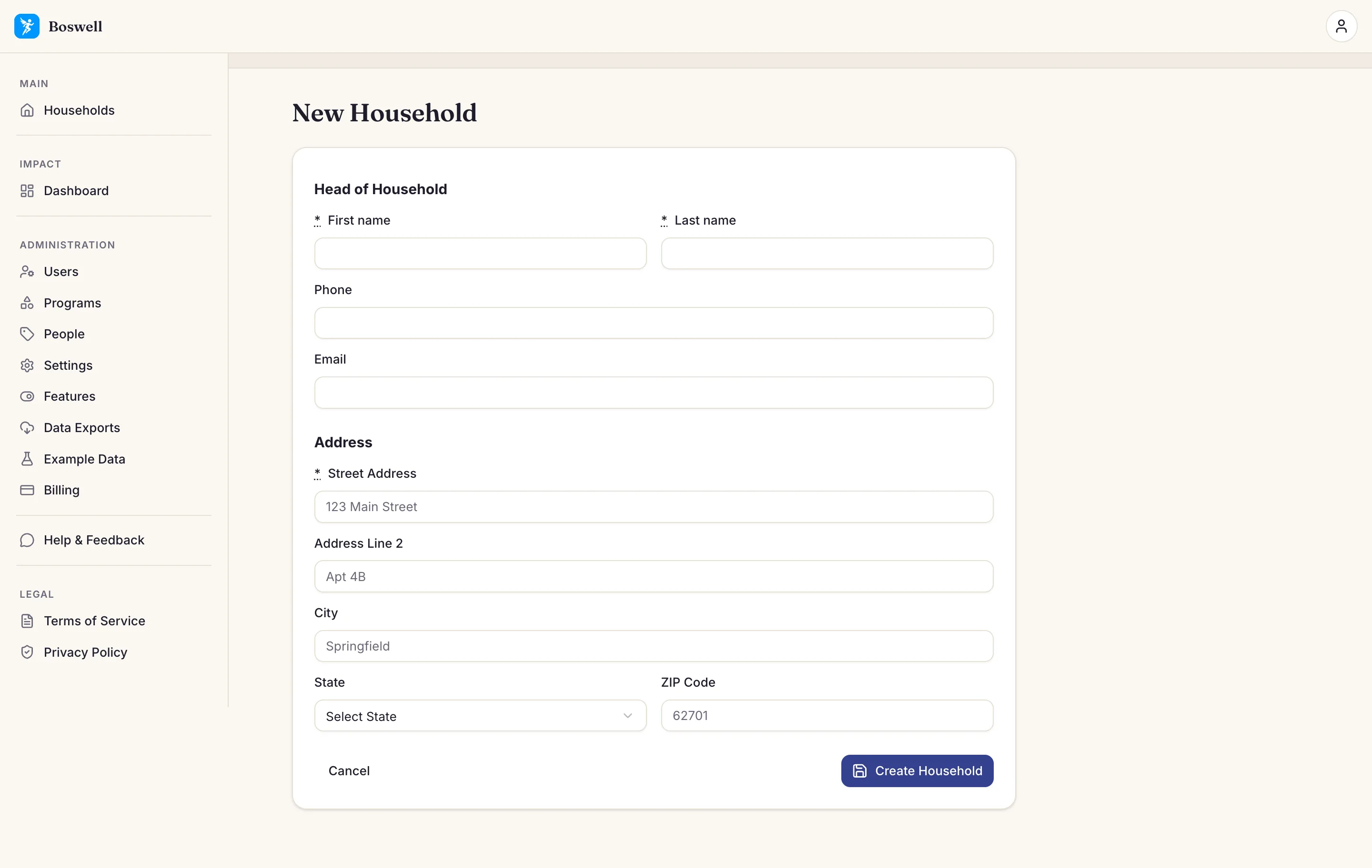 Boswell's New Household form: a simple client intake form with name, contact, and address fields